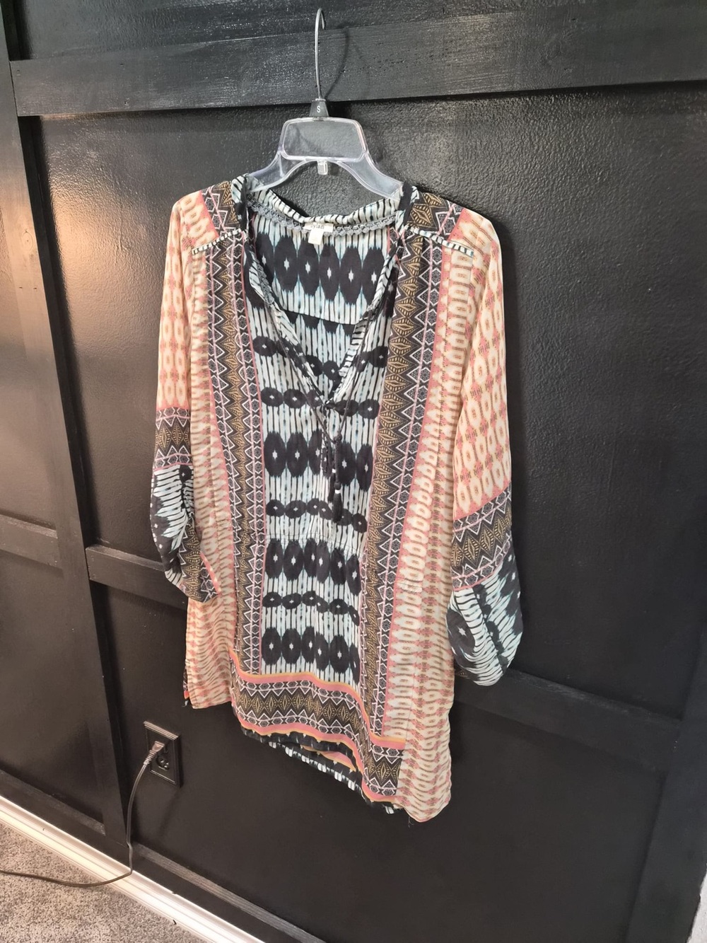 dylan Boho V-Neck Tunic in Coral, Black, and Cream